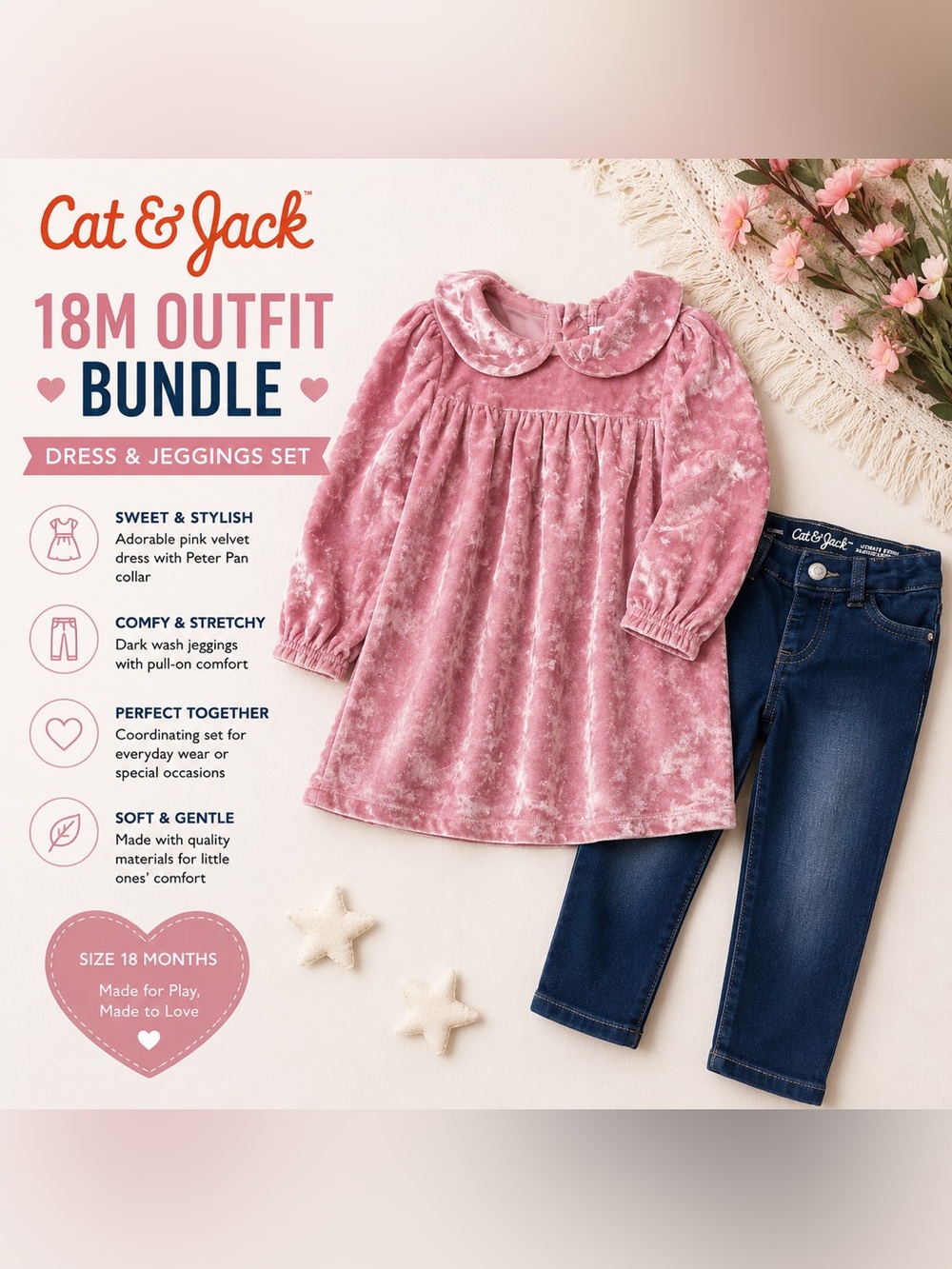 Cat & Jack 18M Pink Velvet Dress & Jeggings Outfit Bundle Toddler Girl